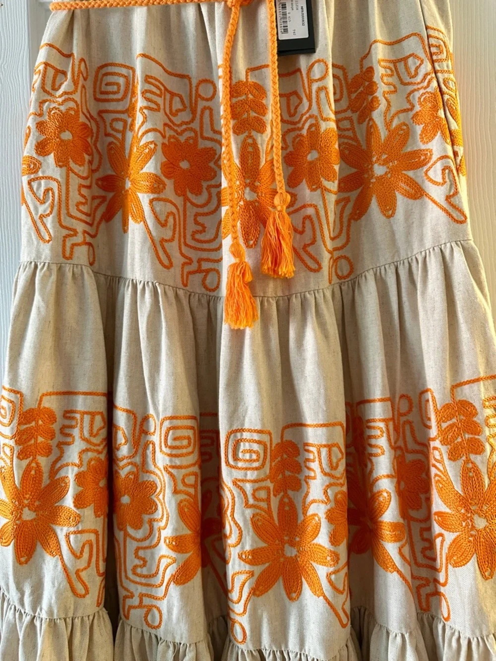 Designer Maje Tiered Cotton-Blend Maxi Skirt w/ Orange Floral Embroidery Sz 10 - Picture 2 of 7